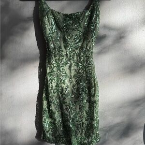 Sage Green Sequin Embellished Knee-Length Dress